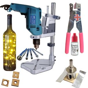 Glass Cutter KIT 3 with Diamond Tip Drill Bits and Diamond Hole Saw for Glass Drill Holes in Glass Bottles with Drill Stand and Free Drill