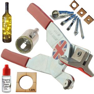 Left Handed Glass Cutter KIT 2 with Diamond Tip Drill Bits and Diamond Hole Saw for Glass Drill Holes in Glass Bottles with Drill Stand and Free Drill